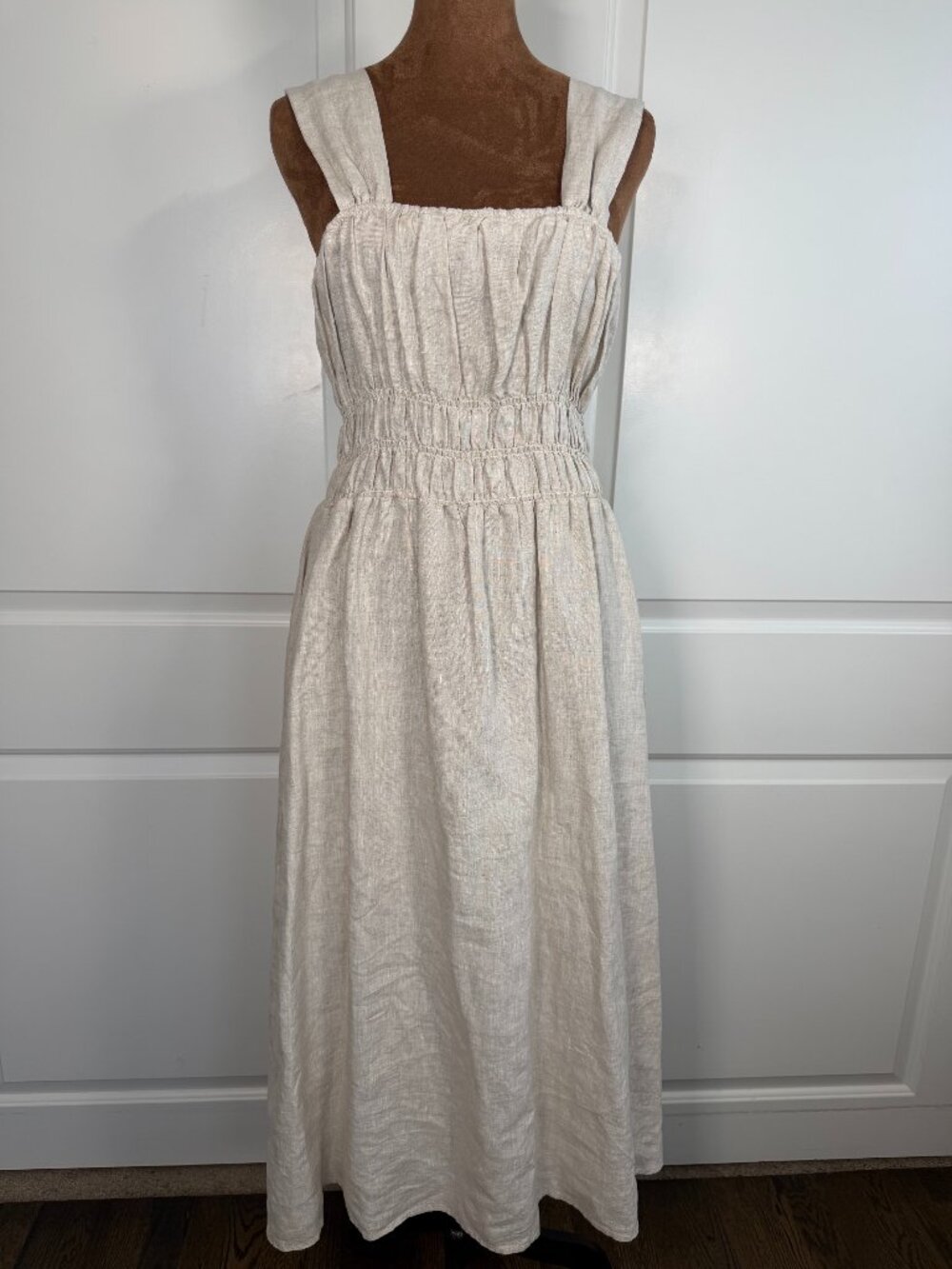 Saks Fifth Avenue 100% Linen Smocked Midi Maxi Dress Pockets Oatmeal Medium - Picture 2 of 10